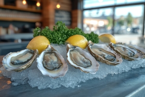 Clean depiction of a fresh oyster bar, with various types of oysters arranged on ice,